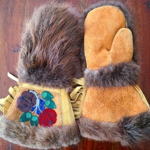Native beaded fur mitts